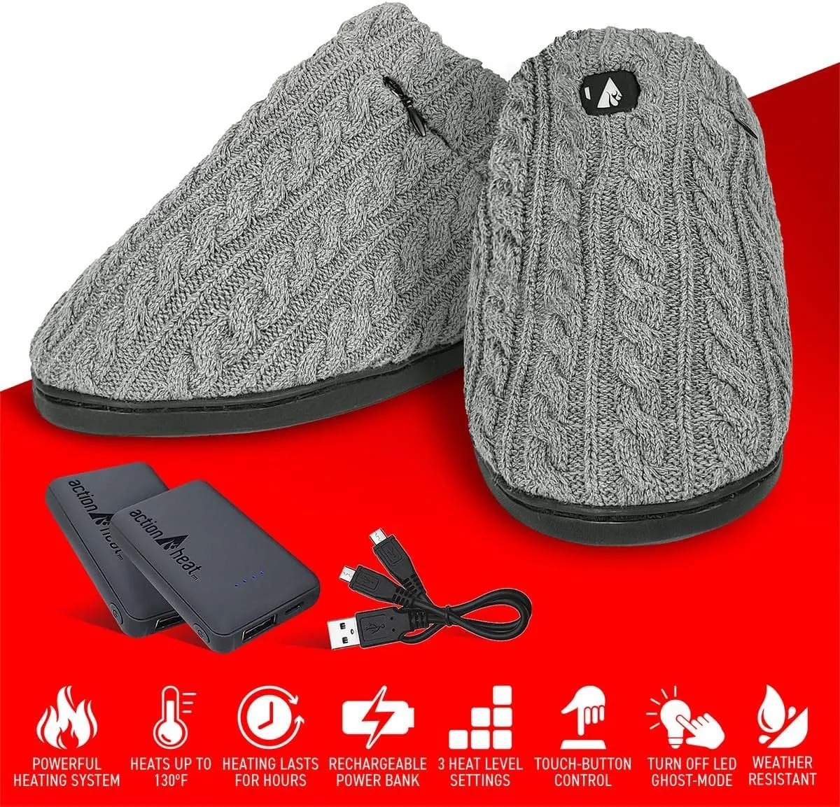 ActionHeat 5V Cable Knit Heated Slippers  Rechargeable Battery-Operated Winter Shoes for Home  Up to 130F Heating
