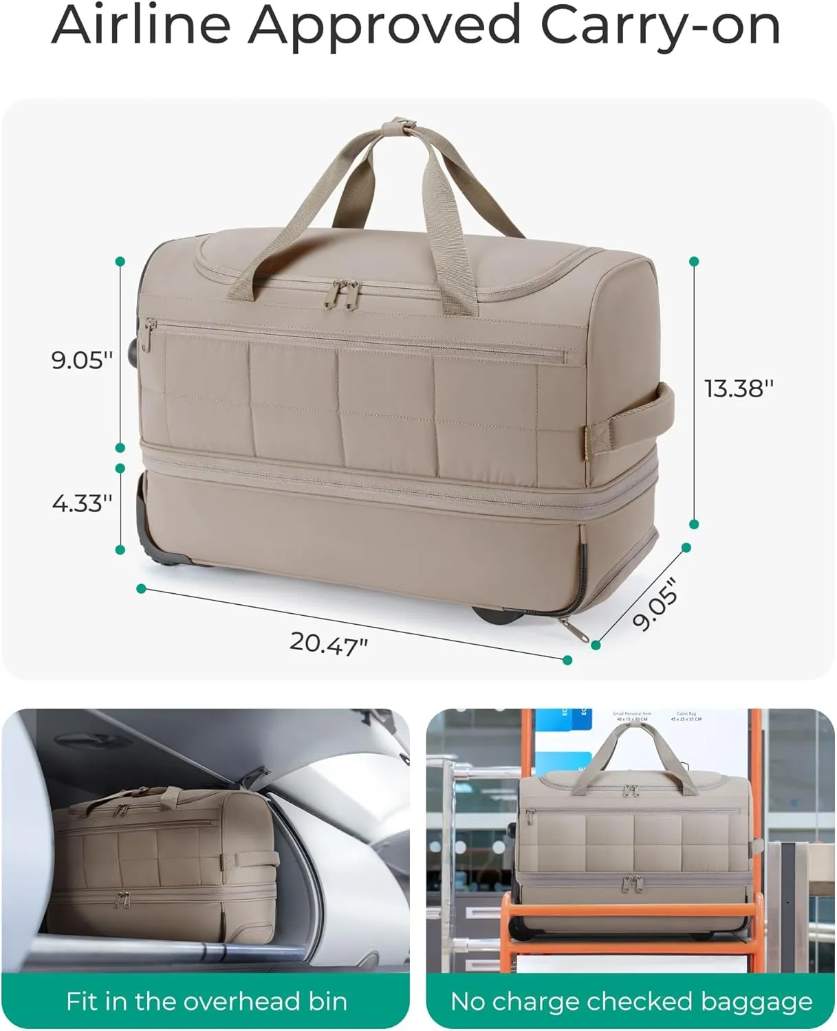 BAGSMART 40L Rolling Duffle Bag with Wheels and Handle, TSA Underseat Carry On Bags for Travel with Shoe Compartment, Khaki