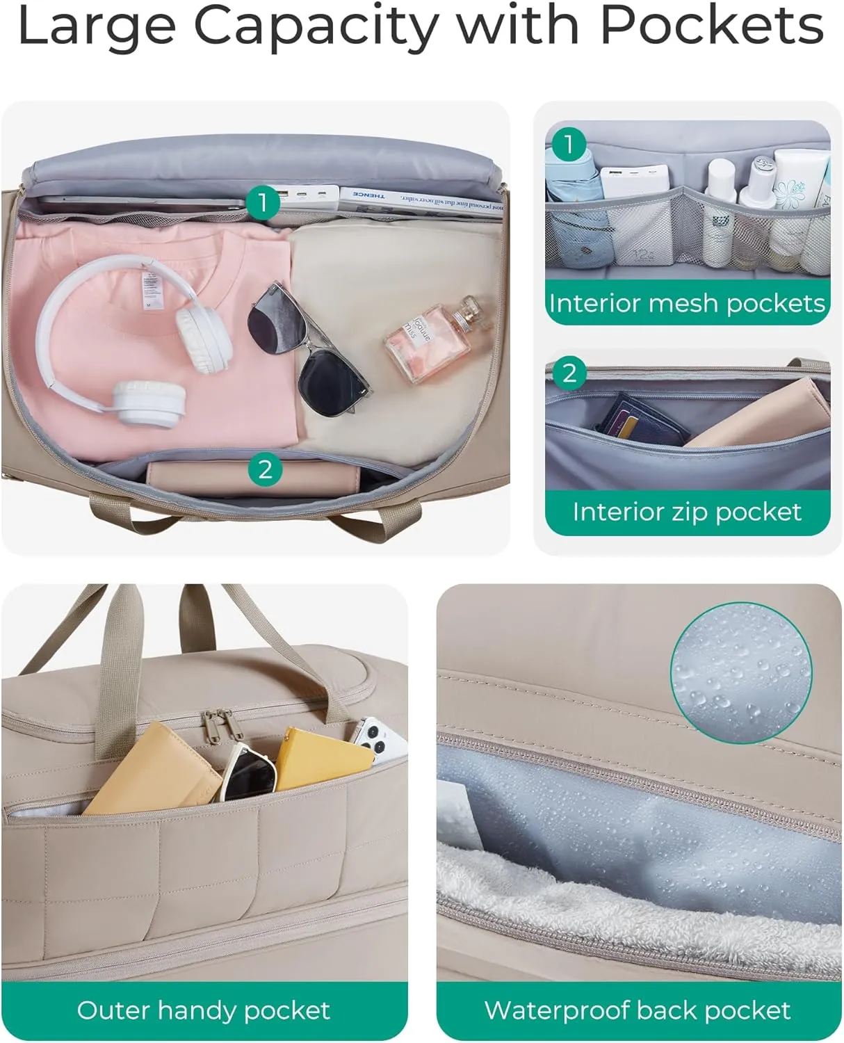 BAGSMART 40L Rolling Duffle Bag with Wheels and Handle, TSA Underseat Carry On Bags for Travel with Shoe Compartment, Khaki