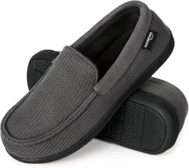 HomeTop Men's Comfort Memory Foam Moccasin Slippers, Breathable Cotton Knit Terry Cloth House Shoes for Indoor Outdoor