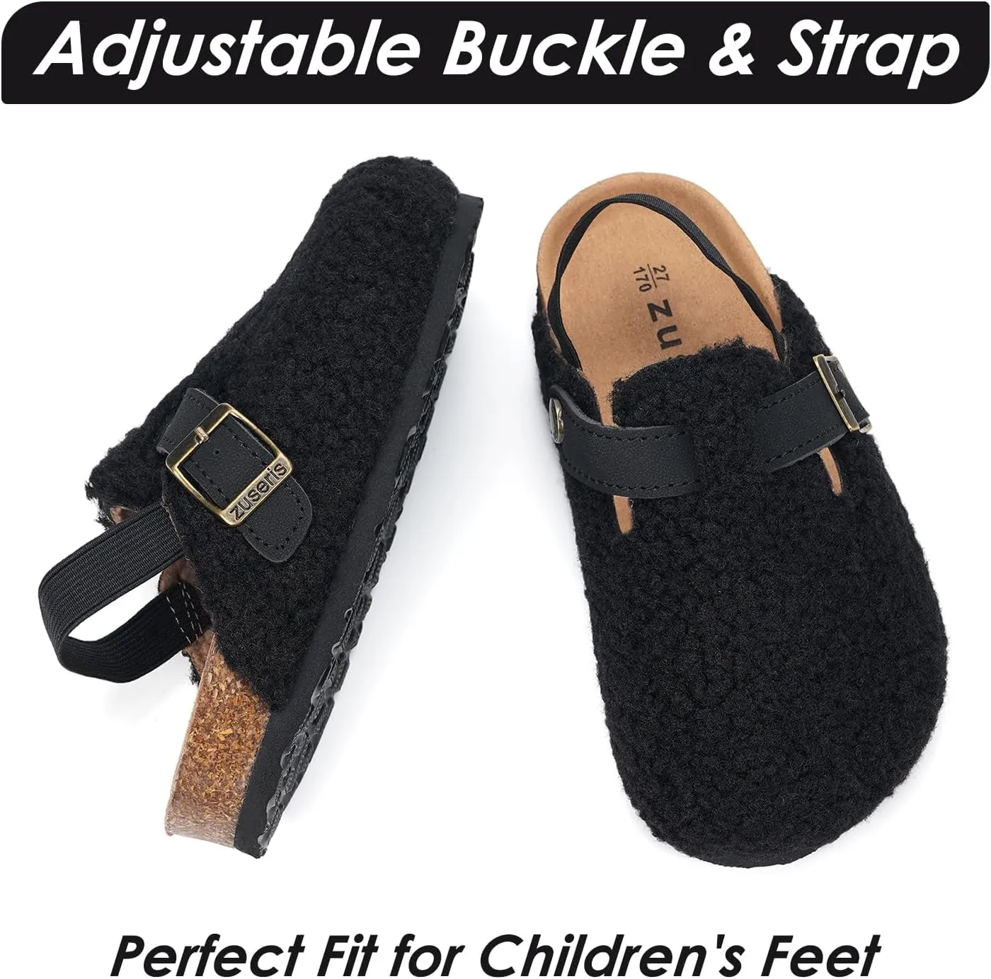 Kids Clogs Toddler Fuzzy Clog Slippers with Strap Boys Girls Cork Footbed Mules Classic Slip On Fleece Potato Shoes with Adjustable Buckle
