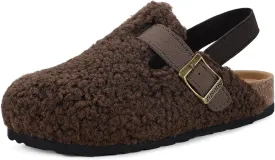 Kids Clogs Toddler Fuzzy Clog Slippers with Strap Boys Girls Cork Footbed Mules Classic Slip On Fleece Potato Shoes with Adjustable Buckle