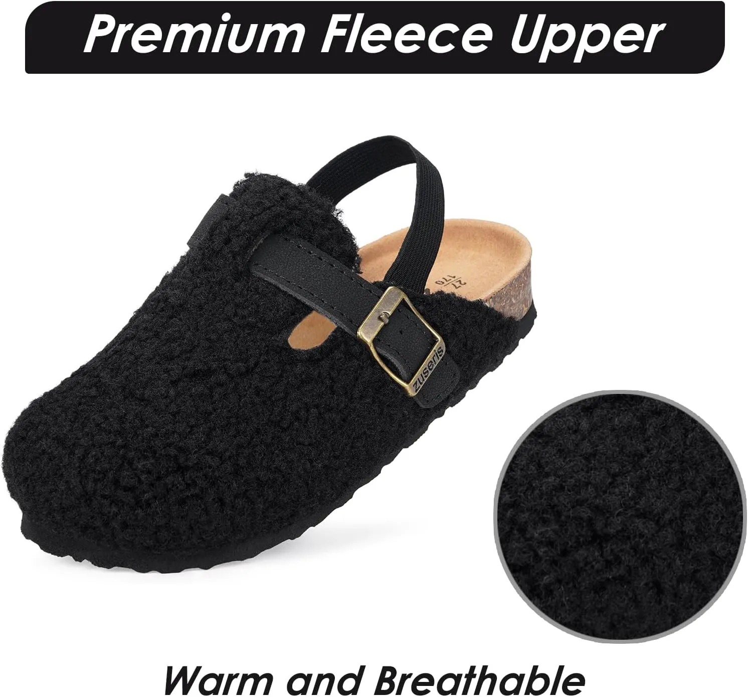 Kids Clogs Toddler Fuzzy Clog Slippers with Strap Boys Girls Cork Footbed Mules Classic Slip On Fleece Potato Shoes with Adjustable Buckle