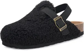 Kids Clogs Toddler Fuzzy Clog Slippers with Strap Boys Girls Cork Footbed Mules Classic Slip On Fleece Potato Shoes with Adjustable Buckle