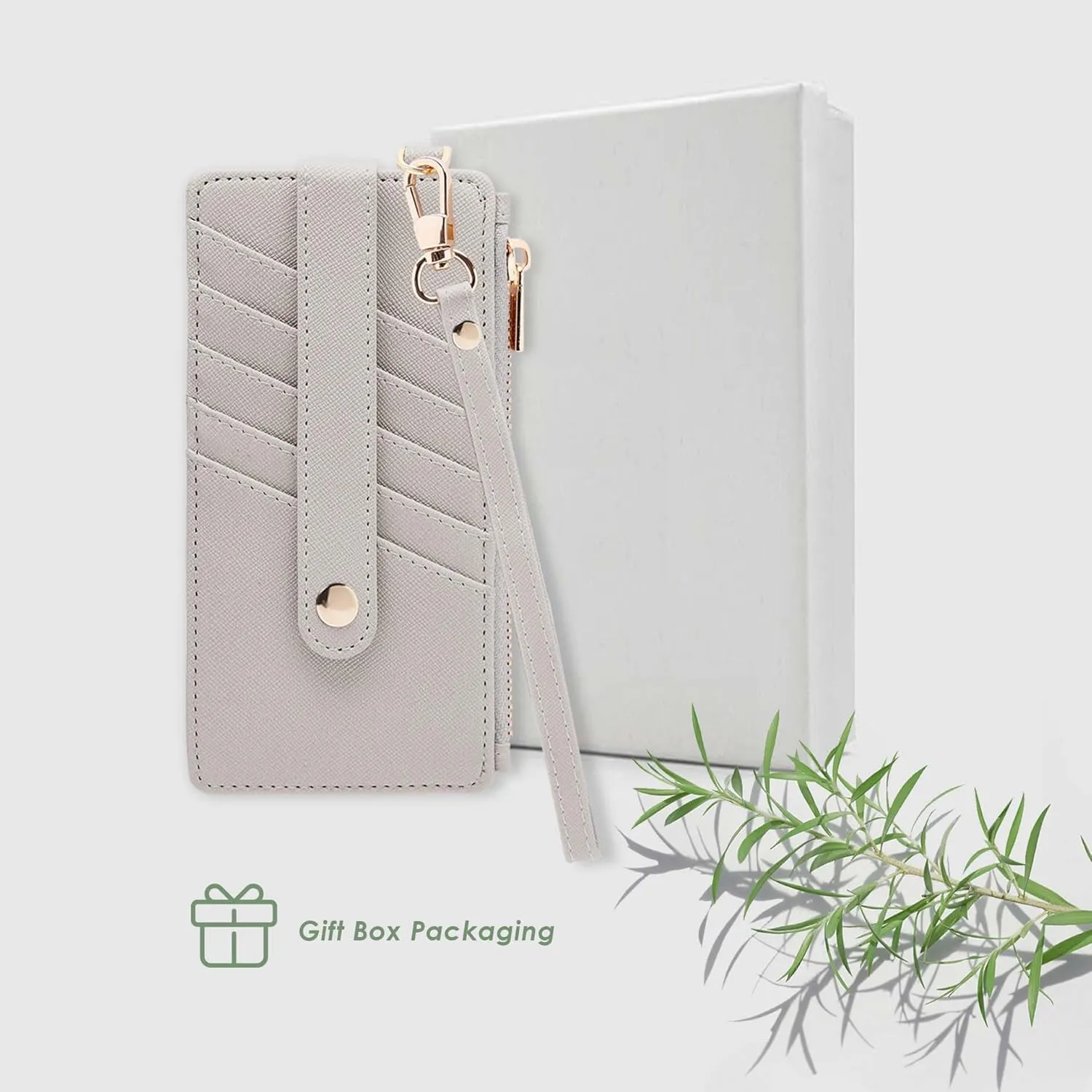 M-Plateau Wallet, Womens Wallet Leather Keychain Wallet With Zipper Coin Pocket ID Window Wrist Strap Gift Box (Nature)
