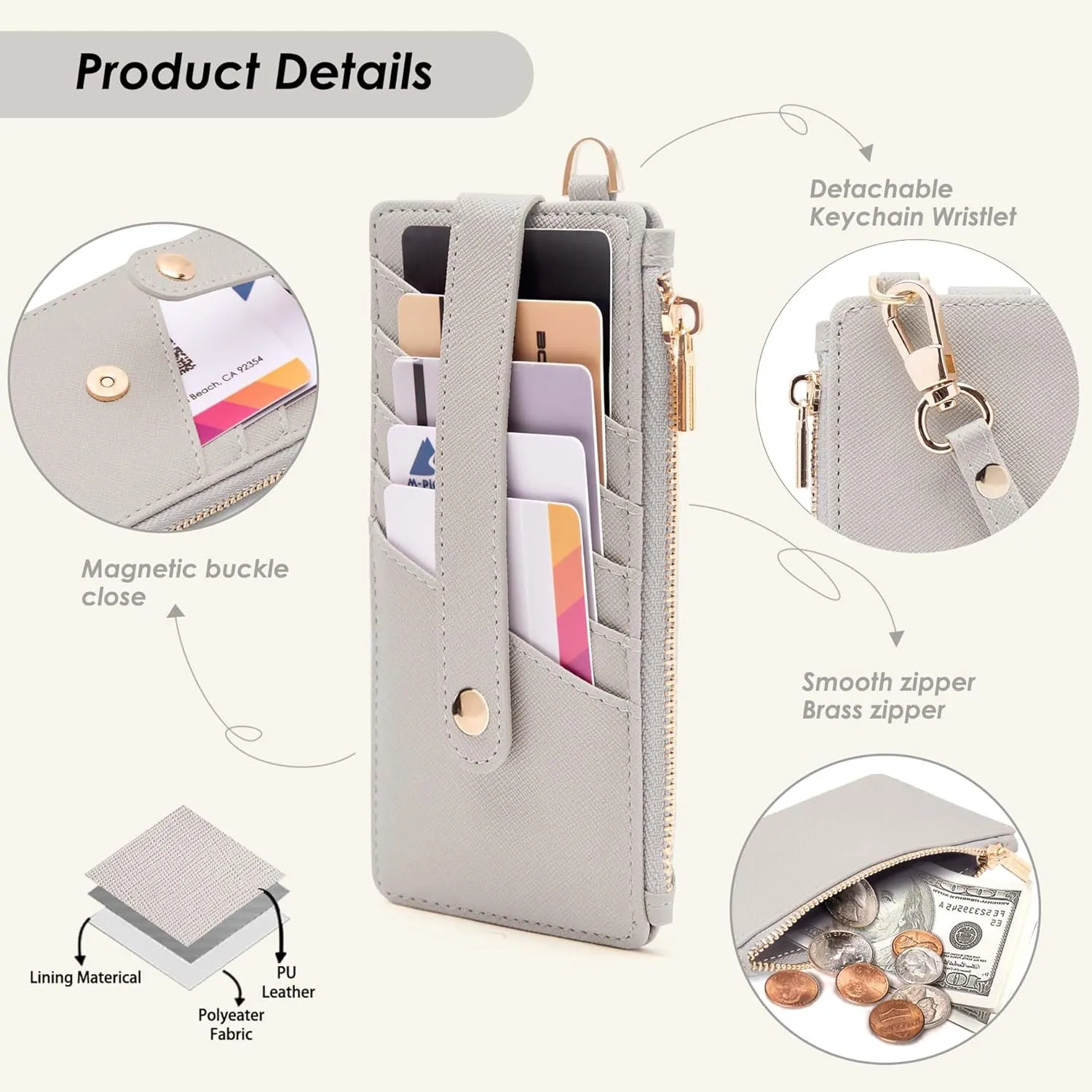 M-Plateau Wallet, Womens Wallet Leather Keychain Wallet With Zipper Coin Pocket ID Window Wrist Strap Gift Box (Nature)