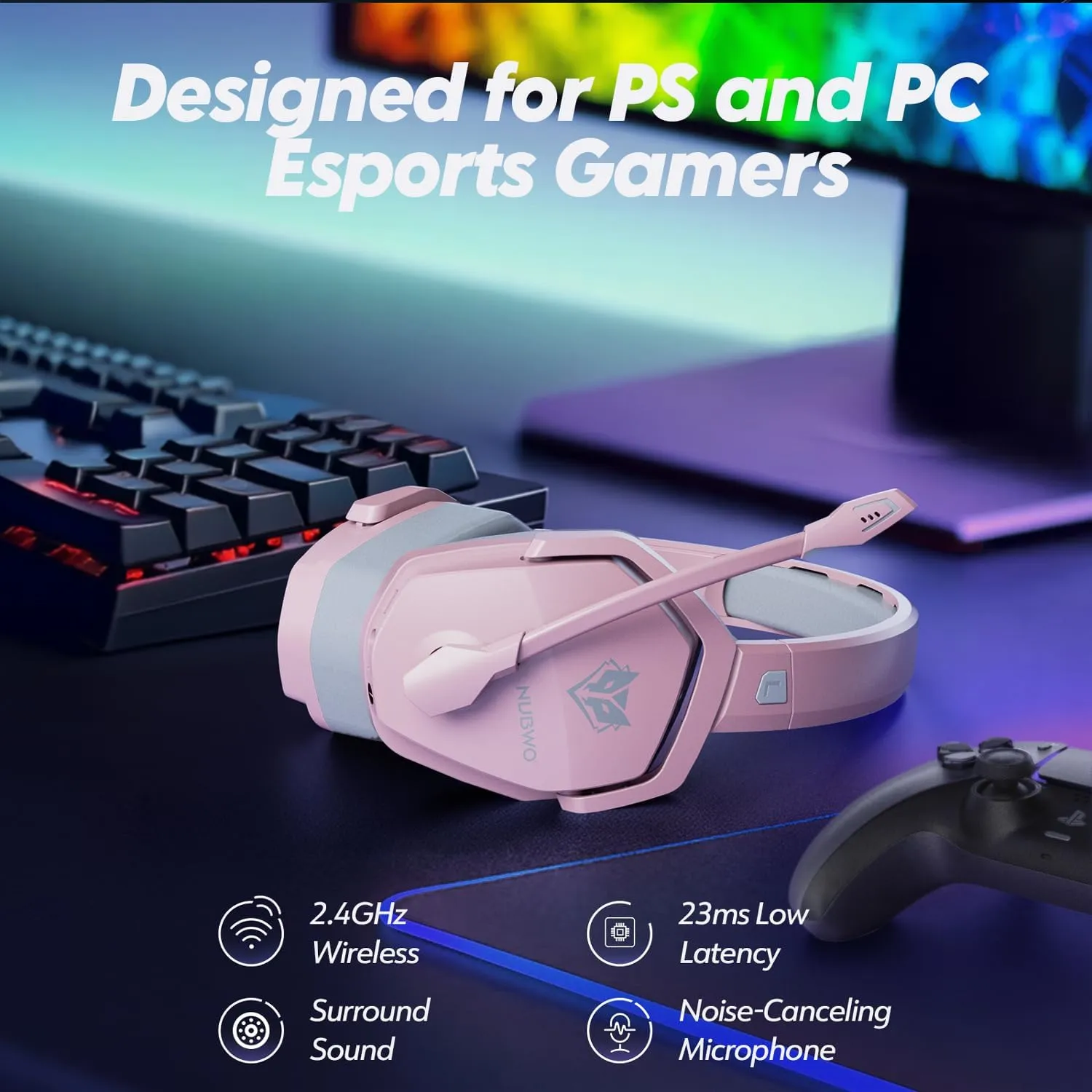 NUBWO G06 Dual Wireless Gaming Headset with Mic for PS5, PS4, PC, Mobile, Switch: 2.4GHz Wireless   Bluetooth - 100 Hr Battery - 50mm Drivers - Pink