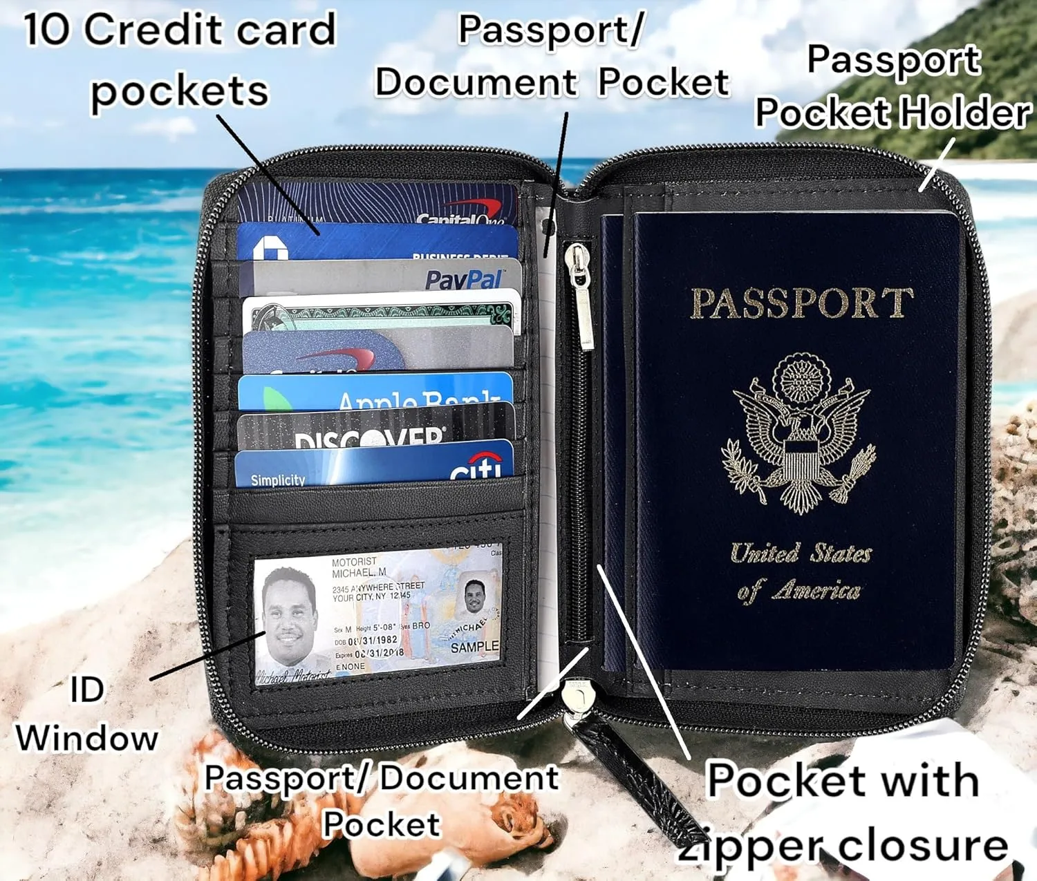 Passport Wallet - Travel Document Holder w/RFID Blocking ?C Full Grain Leather ?C Bifold compact zip around Wallet with Credit Card Slots for Women and Men,500-80