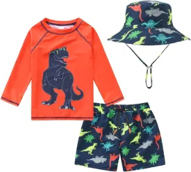 Toddlers and Baby Boys' 3-Piece Swimsuit Trunk and Rashguard Sun Hat Set