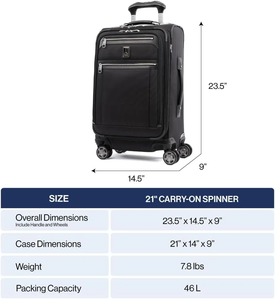 Travelpro Platinum Elite Softside Expandable Carry on Luggage, 8 Wheel Spinner Suitcase, USB Port, Suiter, Men and Women, Dark Blue, Carry On 21-Inch