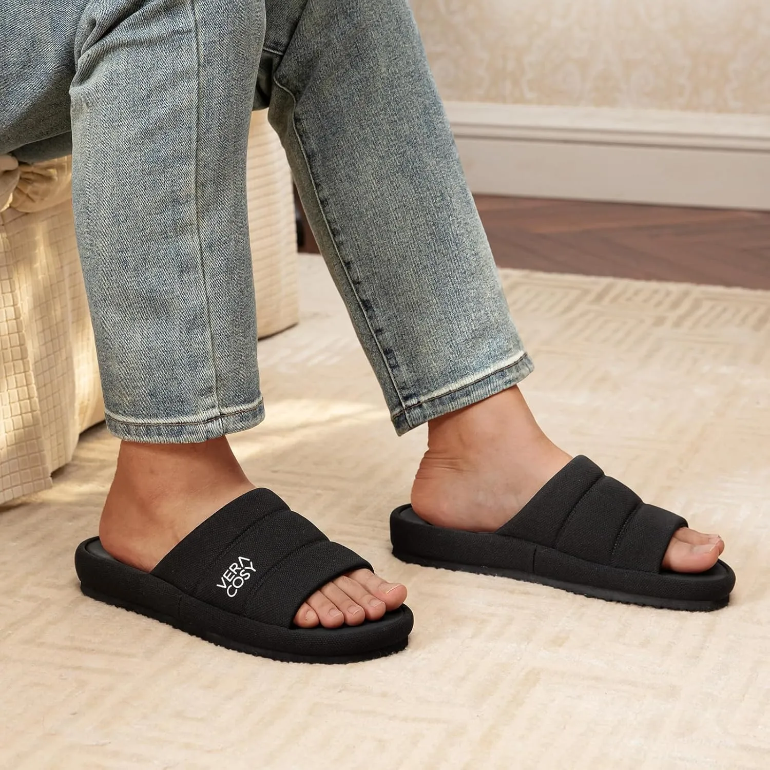 VeraCosy Men's Open Toe Slippers Breathable Corn Knit Memory Foam with Non Slip Sole