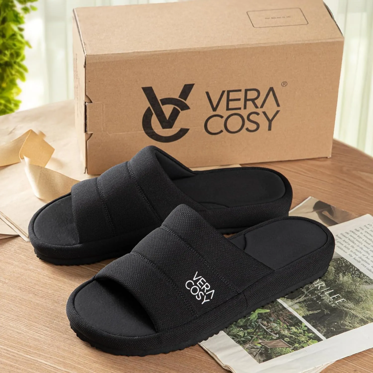VeraCosy Men's Open Toe Slippers Breathable Corn Knit Memory Foam with Non Slip Sole