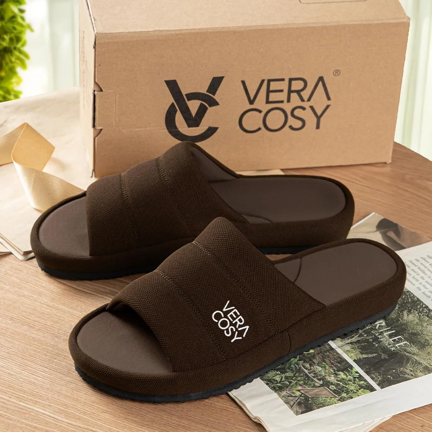 VeraCosy Men's Open Toe Slippers Breathable Corn Knit Memory Foam with Non Slip Sole